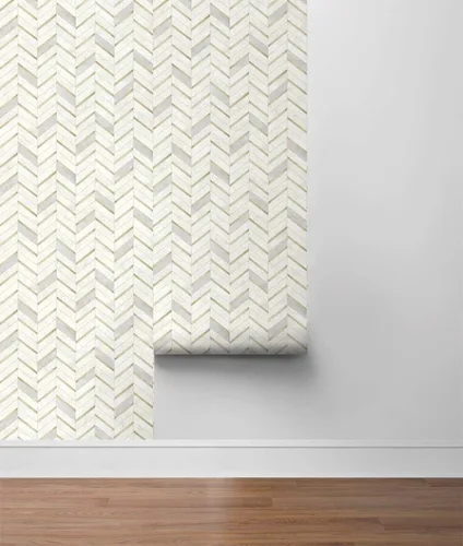 Vista 8 de NextWall Chevron - Papel tapiz de mármol sintético para despegar y pegar (oro metálico y gris perla)