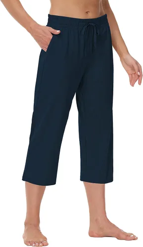 Vista 4 de Cakulo Pantalones capri de pierna ancha para mujer, pantalones capri de yoga de verano de cintura alta, casuales, pantalones recortados con bolsillos