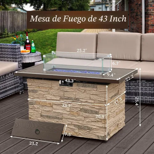 Vista 7 de Mesa de Hoguera de Propano PIZZELLO de 43 Pulgadas al Aire Libre, Mesa de Fuego Rectangular de Piedra para Exteriores, Mesa de Hoguera de 50,000 BTU