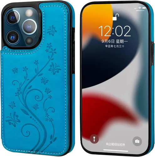 Vista 3 de Vaburs Funda compatible con iPhone 14 Pro con tarjetero y diseño de mariposa en relieve, de piel sintética, doble botón, funda protectora a prueba