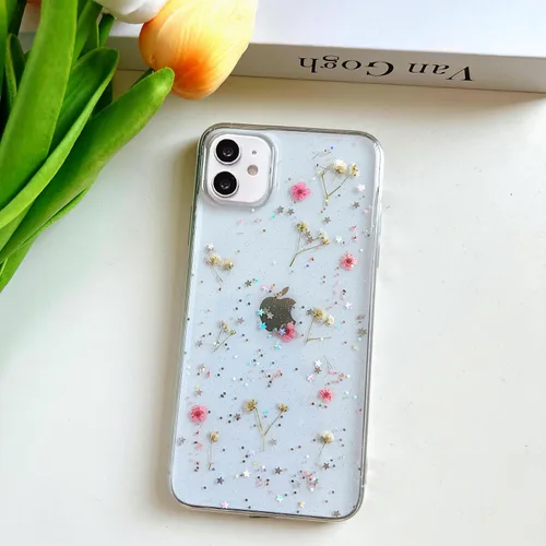 Vista 3 de LSEEKA Funda transparente para iPhone 11 con diseño de flores prensadas reales, linda y brillante, patrón floral rosa, funda protectora delgada