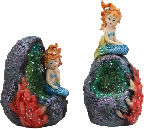 Vista 2 de Ebros - Juego de 2 sirenas de fantasía para decoración del hogar (cola azul), diseño de sirenas de cristal de geoda, diseño de corales bajo el mar