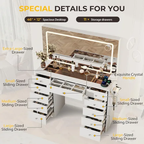 Vista 2 de Otterease Vanidad de maquillaje, espejo de tocador de 11 cajones con luces, escritorio de maquillaje con 3 modos de iluminación de brillo ajustable