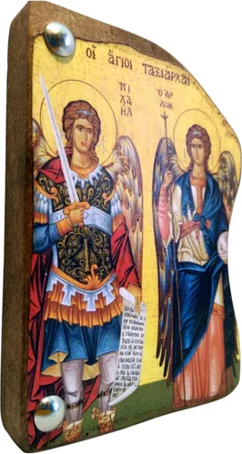 Vista 2 de Icono de madera griego ortodoxo cristiano hecho a mano Athos Monte Athos de Arcángeles Miguel y Gabriel/Mp4