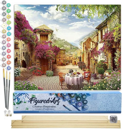 Vista 9 de Figured'Art Pintura por números para adultos Desayuno en un pueblo mediterráneo 16"x20" - Kit de pintura de arte artesanal lienzo enrollado sin marco