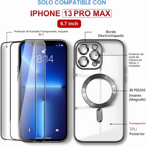 Vista 3 de Magsafe - Funda para iPhone 13 Pro Max, funda magnética transparente para teléfono con protector de pantalla y cubierta de cámara, funda galvanizada