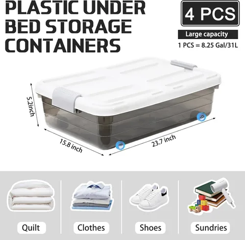 Vista 2 de Beeveer 4 recipientes de almacenamiento de plástico para debajo de la cama con tapa, rueda y asa, transparentes de gran capacidad, apilables