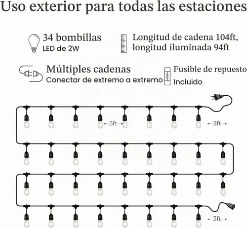 Vista 5 de Brightech Ambience Pro - Guirnalda de luces LED de 105 pies, iluminación de patio de grado comercial de 1 W, impermeable para exteriores