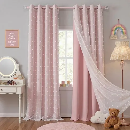 Vista 13 de PONY DANCE Cortinas Opacas con Superposición de Gasa, Cortinas de Doble Capa con Aislamiento Térmico Mix & Match para Oscurecer Habitaciones