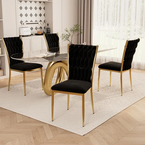 Vista 26 de Juego de 2 sillas de comedor de terciopelo, modernas sillas de cocina tejidas con patas de metal dorado, cojín tapizado con respaldo alto