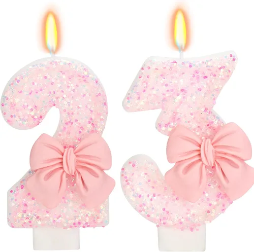 Vista 18 de Vela de cumpleaños para pastel, vela 0 - purpurina rosa con lazo, vela de feliz cumpleaños de 2.76 pulgadas, adorno superior de pastel para fiestas
