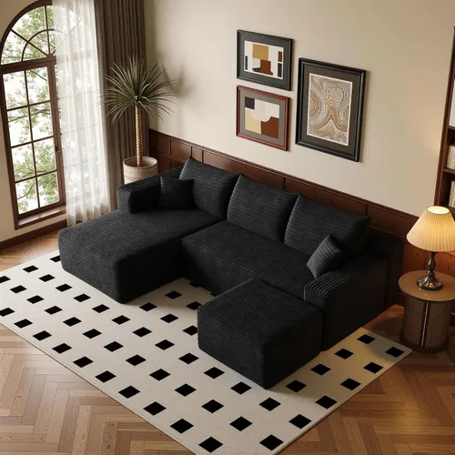 Vista 52 de Sofá modular moderno de 96 pulgadas para sala de estar, sofá modular tapizado sin hueso con bolsillos, cómodo sofá nube con diván en forma de L Negro