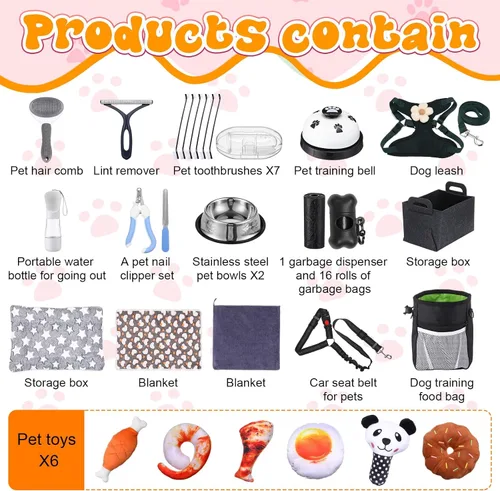 Vista 3 de Abbylike Kit de inicio de 50 piezas de suministros para cachorros para perros pequeños, incluye correa, cuencos, cepillos de dientes, botella