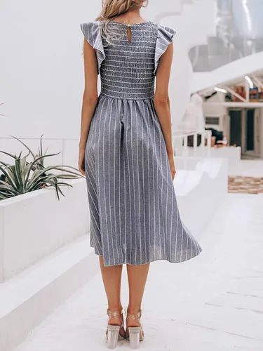 Vista 5 de Miessial Vestido midi de verano para mujer, casual, manga corta, vestido de lino fruncido 2025, vestido bohemio para invitados de boda con bolsillos