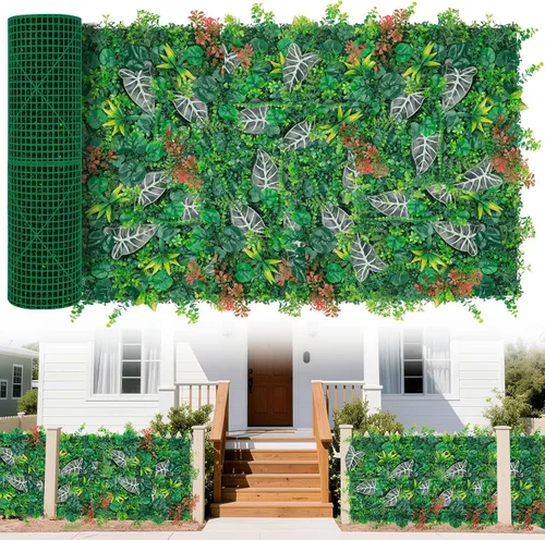 Vista 16 de Paneles de pared de césped de 20 x 20 pulgadas, 16 piezas de fondo de vegetación artificial con hojas resistentes a los rayos UV, decoración