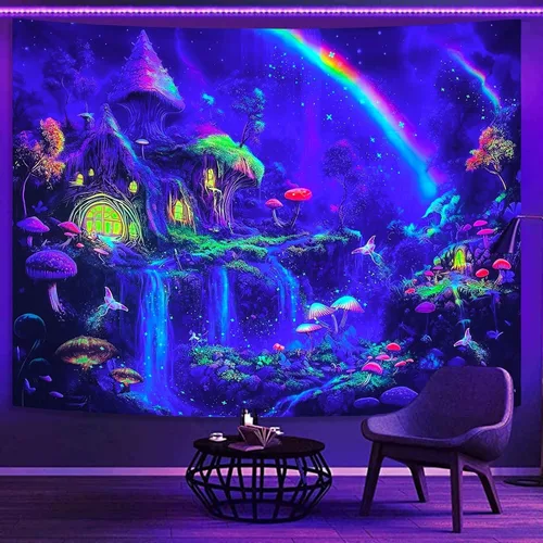 Vista 4 de Kanuyee Tapiz de luz negra de neón para colgar en la pared, bosque encantado, cascada, tapices para dormitorio, tapices UV, para colgar en la pared
