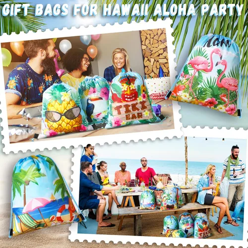 Vista 6 de Frienda 24 bolsas hawaianas para recuerdos de fiesta hawaiana Aloha con cordón, mochila tropical de flamenco, bolsas de regalo para cumpleaños