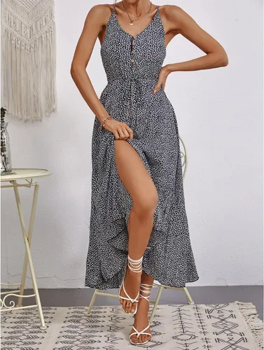 Vista 2 de BROVAVE - Vestido de verano 2023 para mujer, diseño informal, bohemio, con lunares, tirantes delgados, cuello en V, holgado y de largo por debajo