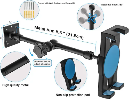 Vista 5 de Soporte de pared ajustable para tableta, soporte de pared con brazo giratorio para tableta, base de taladro de metal, soporte para iPad