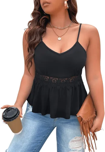 Vista 4 de SOLY HUX Camisola casual para mujer, talla grande, con ribete de encaje, dobladillo con volantes, tirantes delgados