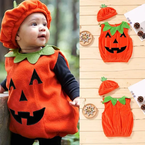 Vista 7 de Disfraz de calabaza para bebé niño y niña, disfraz de calabaza para Halloween, chaleco de burbujas, body con sombrero, calcetines y trajes