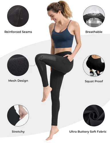 Vista 3 de Along Fit Calzas de yoga para mujer con bolsillos laterales, control de abdomen, para correr pantalones capri, talle alto, pantalones deportivos