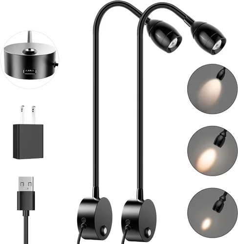 Vista 9 de ERAY 1 paquete de 1 luz LED de lectura para cama montada en la pared Touch Control, 3 Dimmable, 360°Flexible Gooseneck Headboard Book Reading