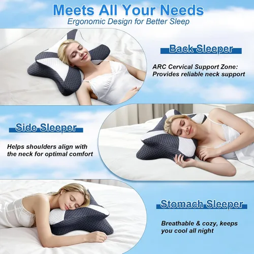 Vista 7 de SAHEYER Almohada cervical para aliviar el dolor de cuello, almohada de espuma viscoelástica 2 en 1 mejorada con 2 firmezas, almohada ortopédica