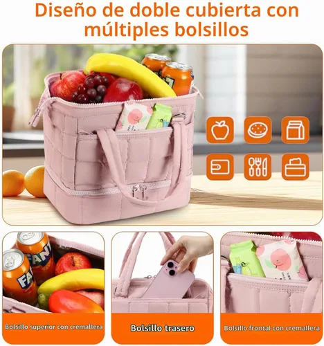 Vista 6 de Bluboon Lonchera para mujeres Bolsa de almuerzo aislada de doble cubierta, Lonchera acolchada de quilt con abertura ancha, loncheras reutilizables