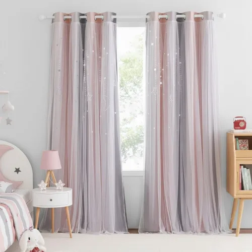 Vista 54 de NICETOWN Cortinas para Dormitorio de Niñas Infantiles con Estrellas Caladas Ventana 2 Capas Cortina 63 Pulgadas de Longitud Oscurecimiento