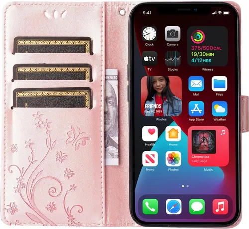 Vista 5 de Funda con tapa compatible con iPhone 15 Pro Max, funda tipo cartera de piel sintética, funda de silicona con estampado floral de mariposa