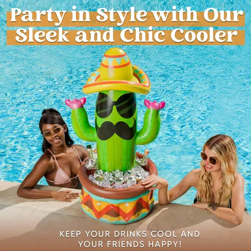 Vista 2 de JOYIN Enfriador inflable de cactus de 43 pulgadas con sombrero para fiestas, suministros de fiesta del Cinco de Mayo, enfriador inflable