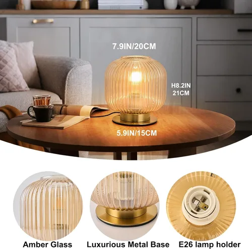 Vista 4 de NKU Lámpara de mesa moderna de mediados de siglo con pantalla de vidrio acanalado ámbar y acabado dorado, luz regulable para mesita de noche