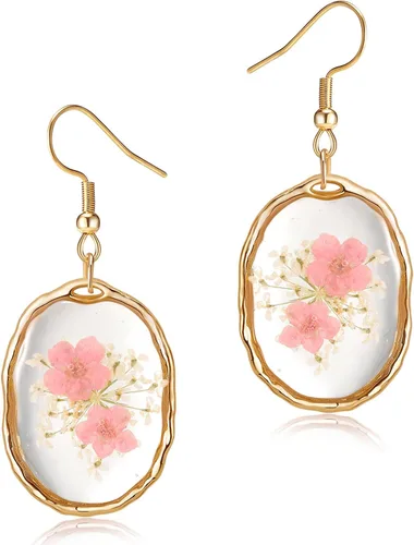 Vista 7 de Pendientes de flores prensadas, hechos a mano, con flores de olvidémino y encaje de la reina Ana, flores silvestres únicas de resina seca, perfectos