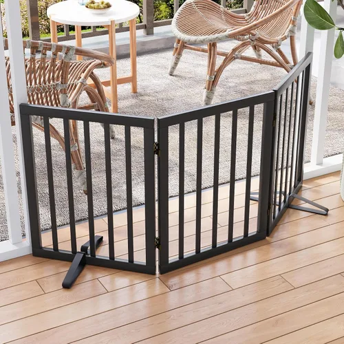Vista 5 de Semiocthome Puertas de bambú independientes para perros para entradas de puertas, puertas de 3 paneles de interior para cachorros para la casa con 2