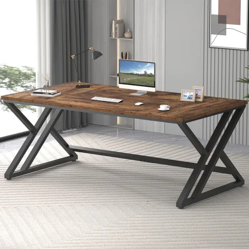 Vista 17 de LVB - Escritorio para computadora negro de 70.8", escritorio grande industrial para PC, escritorio de estudio para oficina en casa, escritorio