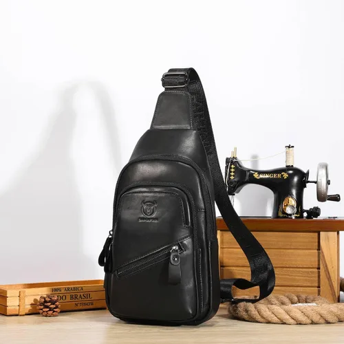 Vista 6 de BULLCAPTAIN Bolso bandolera de cuero para hombre, mochila cruzada con puerto de carga USB, mochila casual para hombro y pecho