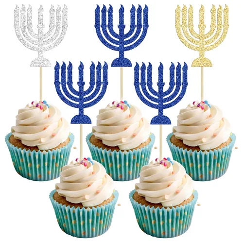 Vista 9 de Gyufise 24 decoraciones para cupcakes de Feliz Hanukkah Star of David, decoraciones para fiestas de Hanukkah, suministros de fiesta temática