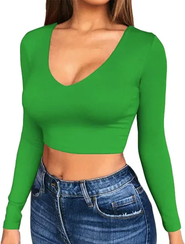 Vista 15 de Artfish Women's Long Sleeve Scoop V Neck Crop Top 04# Cuello en V Negro