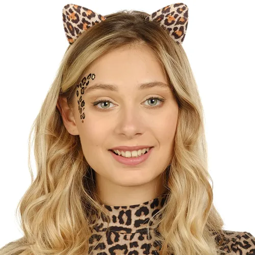 Vista 6 de Funcredible Diadema de orejas de leopardo con tatuajes diadema de guepardo con tatuaje temporal accesorios de disfraz de Halloween para adultos