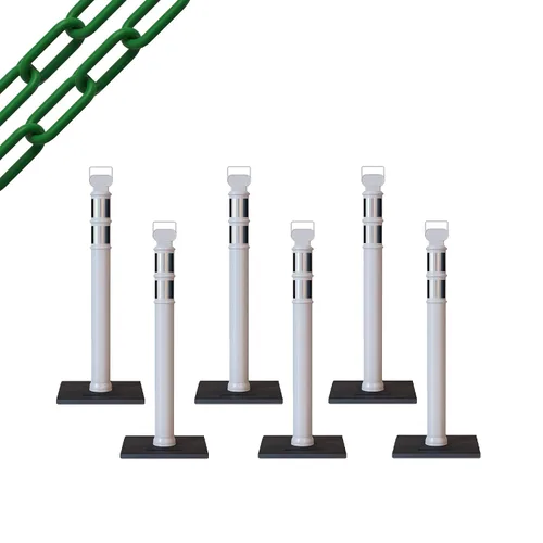 Vista 24 de CCW 6-Pack 45" Delineador Post Kit Kit de 3.0 in collares reflectantes, base de goma de 10 lb (6 postes blancos con cadena negra de 50 pies)