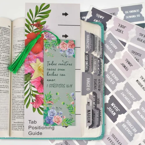 Vista 7 de Pestañas de índice de la Biblia católica española, pestañas del Nuevo y Antiguo Testamento, diseño floral laminado mate, suministros de diario