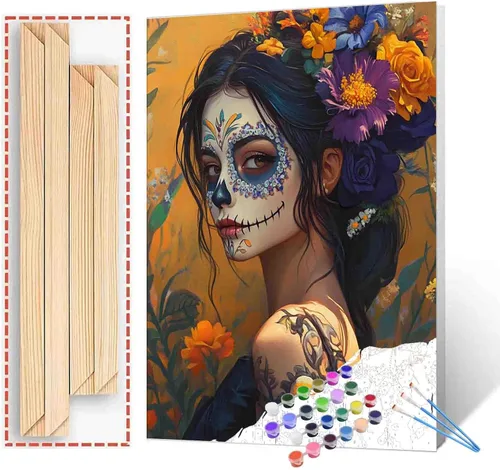 Vista 28 de Tucocoo Decoración del Día de los Muertos, pintura por números, esqueleto para parejas, pintura por números sobre lienzo con pinceles y pigmento