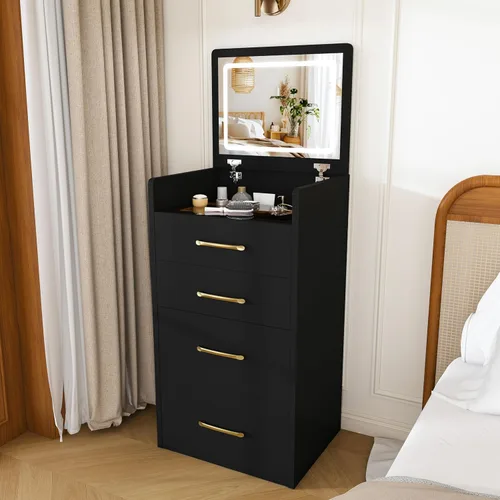 Vista 9 de Runboll 3 in 1 Small Vanity Desk with Open Top Mirror, Small Dressing Table with Visible Glass Desktop, Compact Makeup Vanity with 3 Drawers