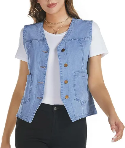 Vista 3 de Kedera Chaleco de mezclilla sin mangas para mujer, cuello en V, abotonado, ligero, chaqueta de mezclilla