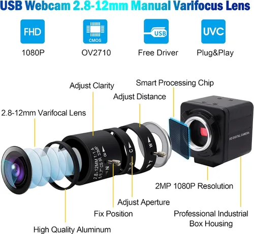 Vista 4 de Cámara USB 1080P con zoom 0.110-0.472 in Cámara web de enfoque variable Cámara de PC de alta velocidad Mini UVC USB2.0 USB con cámara