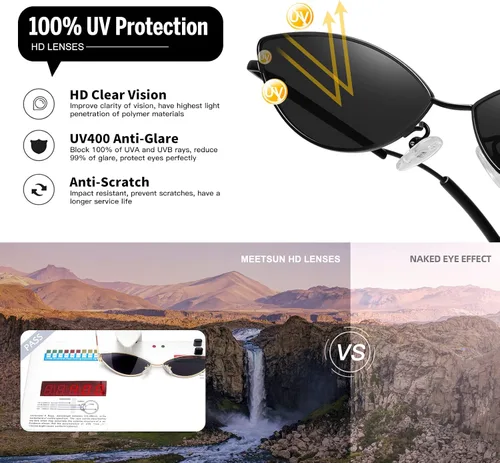 Vista 6 de MEETSUN Gafas de sol retro vintage ojo de gato para mujeres hombres estrechos pequeños anteojos ovalados forma pétalos diseño de templo curvado