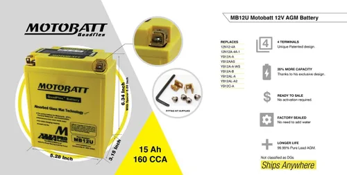Vista 6 de MotoBatt MB12U, batería AGM QuadFlex activada de fábrica (12 voltios 15 Amperios) 160CCA