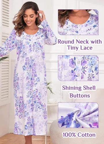 Vista 2 de QRRLUEN Camisón largo de algodón para mujer, ropa de dormir de manga larga, vestido de noche suave y cómodo