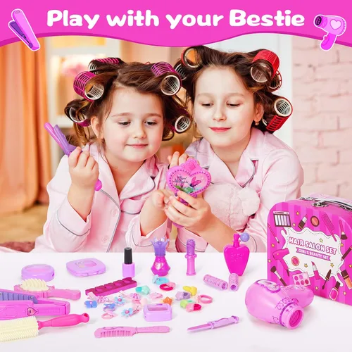 Vista 6 de VGOFUN Juguetes de peluquería para niñas, 38 piezas de juguetes para niñas, juego de salón de belleza, juego de simulación para niños, kit